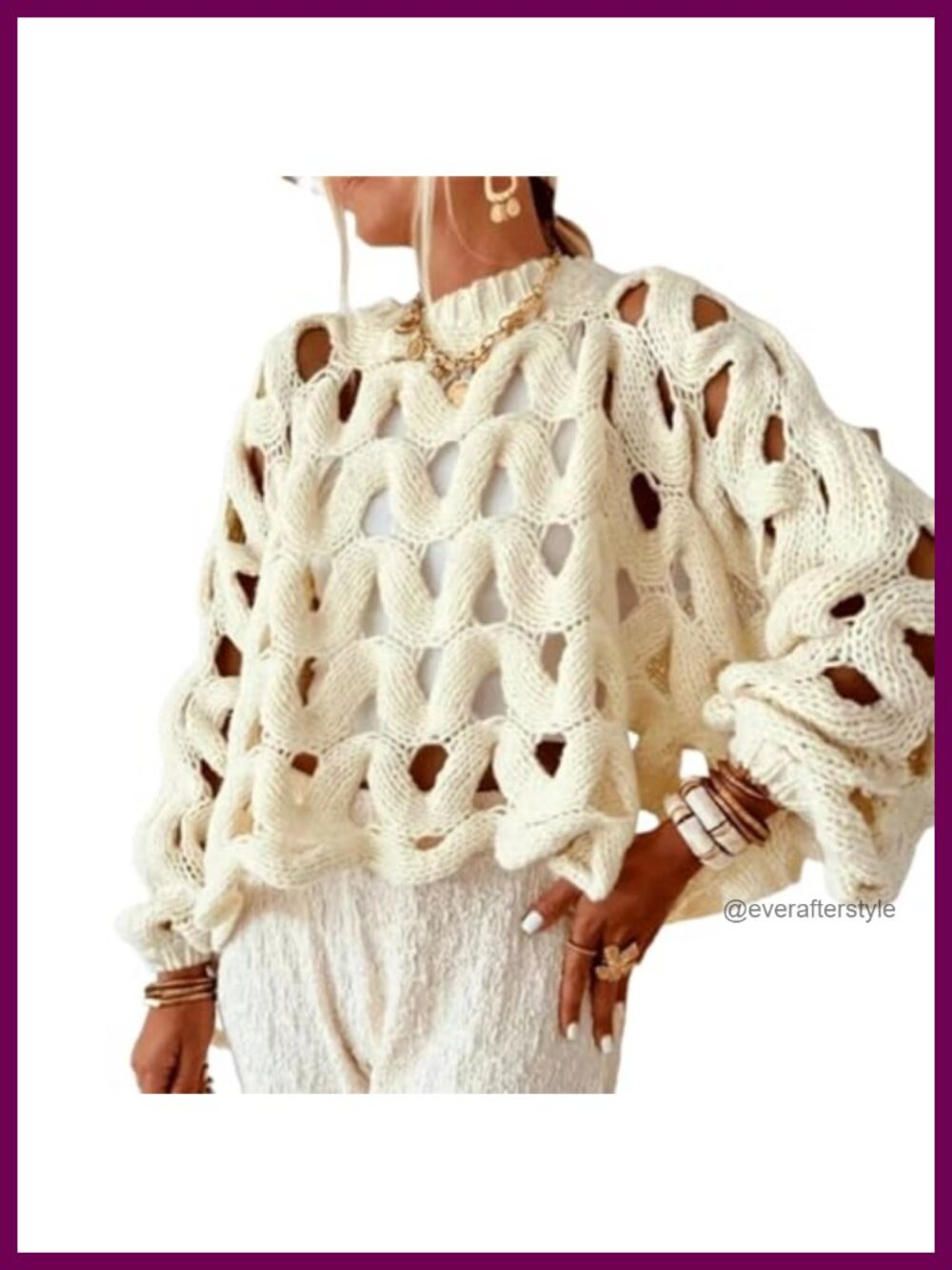 Crochet Hollow Out Crew Neck Long Sleeve Oversized Knit Crop Top